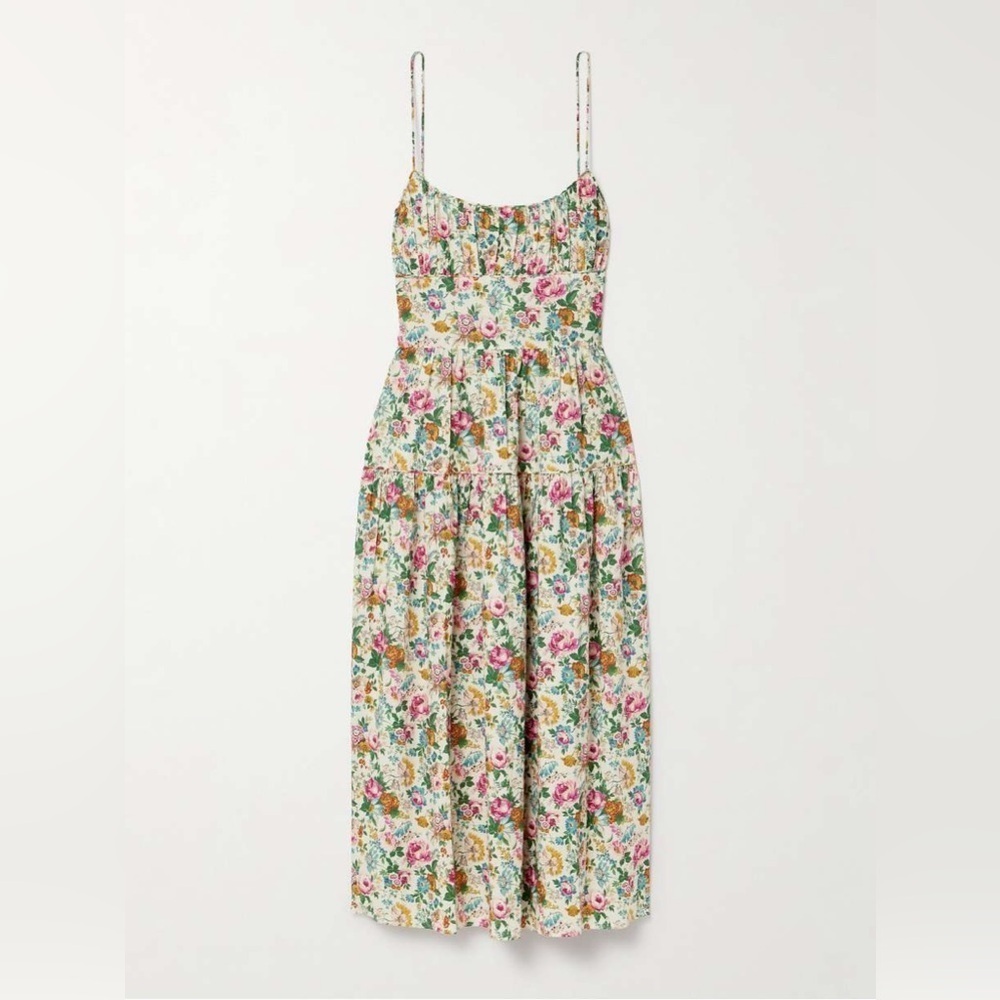 NWT Doen Benoit Cotton Ruched A Line Tiered Midi Maxi Dress Liberty Rose Romance